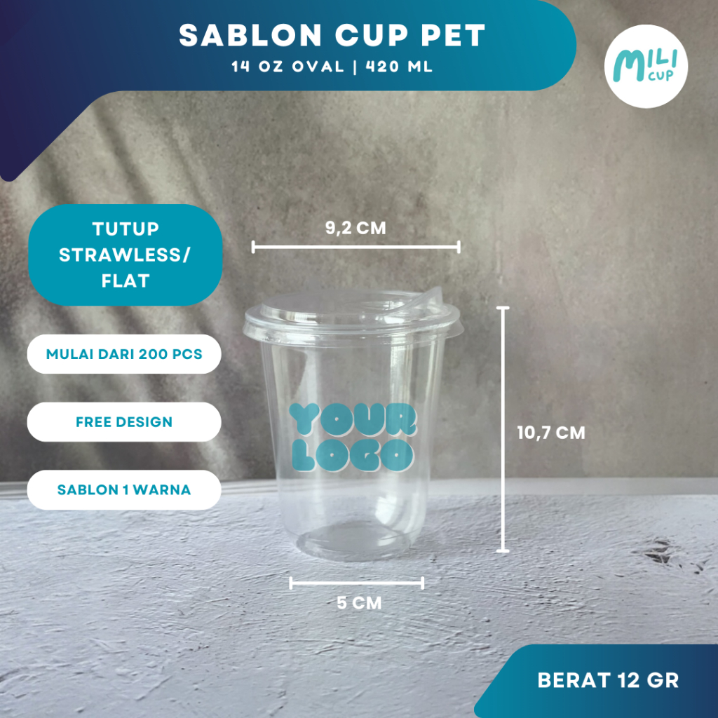 Sablon Gelas Cup Plastik PET 14 Oz Oval + Tutup Strawless / Flat