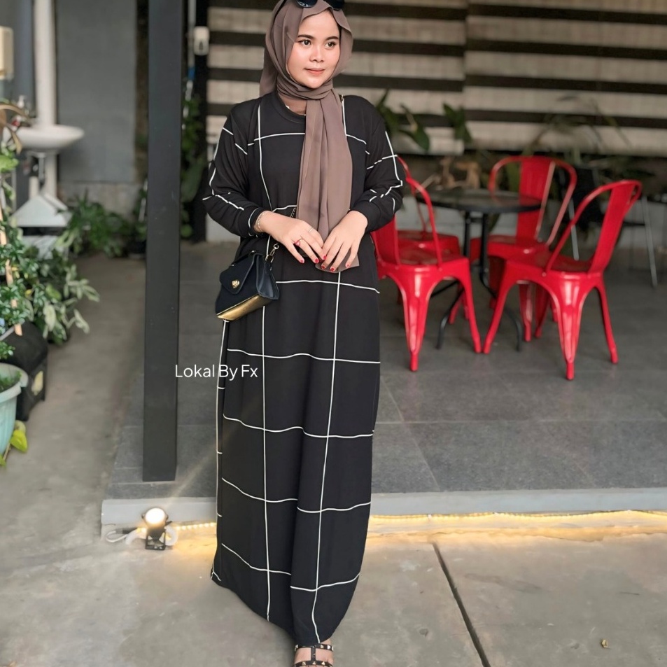 New Gamis Muslim Knit JPN Motif Salur Kotak Lengan Panjang Rib Terbaru Dress Kondangan