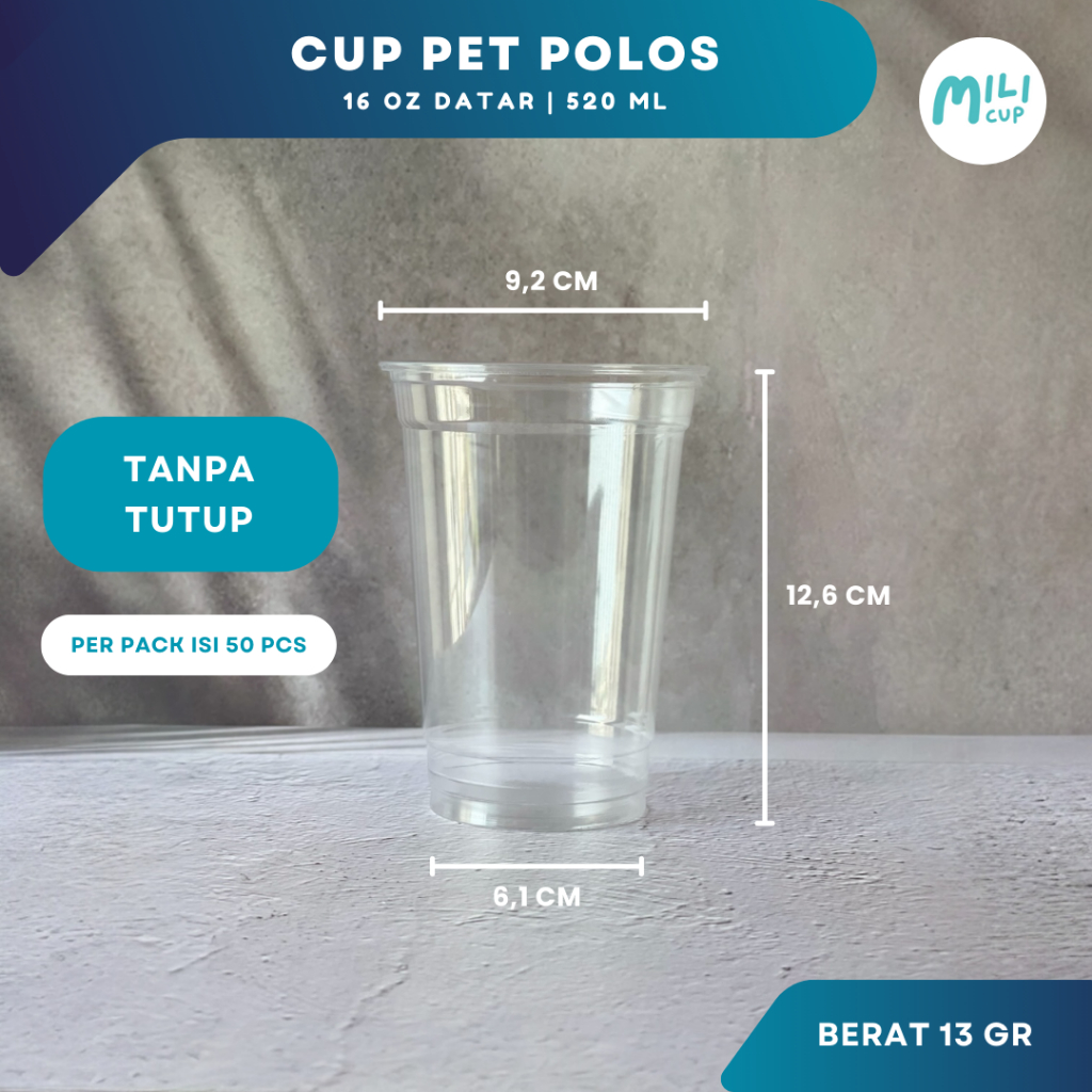 Gelas Cup Plastik Polos PET 16 Oz Datar / Oval - Isi 50 PCS