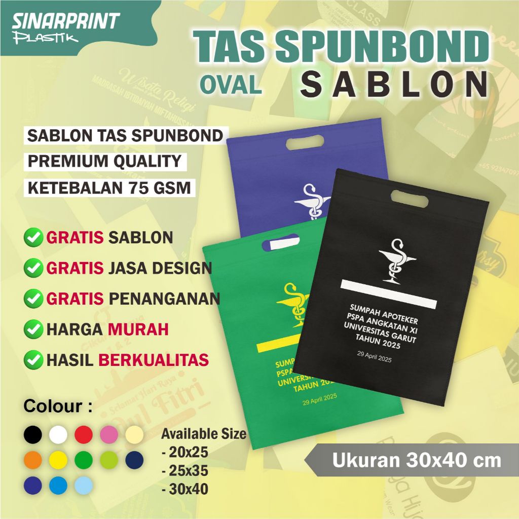 

Tas Spunbond Sablon 30x40 OVAL Untuk Pernikahan Ulang Tahun Souvenir Seminar