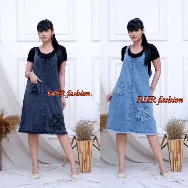 RHR overall  jeans wanita | overall jeans tunik wash pendek | Overall gauni korean style