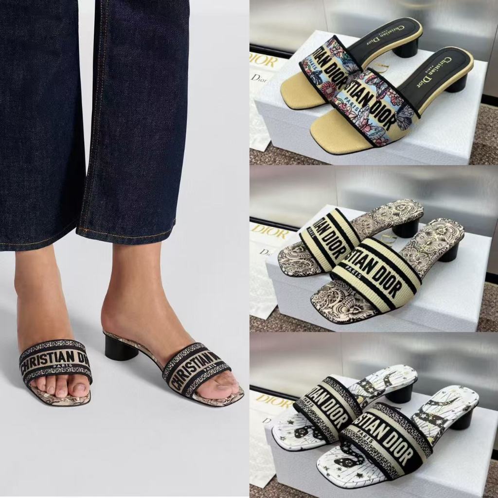 PO 2 Weeks CD Dway cotton embroidered cylindrical heel slides women shoes sepatu sandal wanita aeste