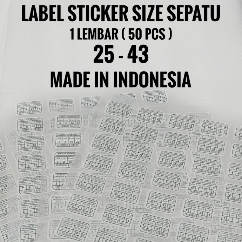 Label Setrika size sepatu / Barcode Sepatu / Made in Indonesia / size yang berbeda beda/ 1 Lembar ( 