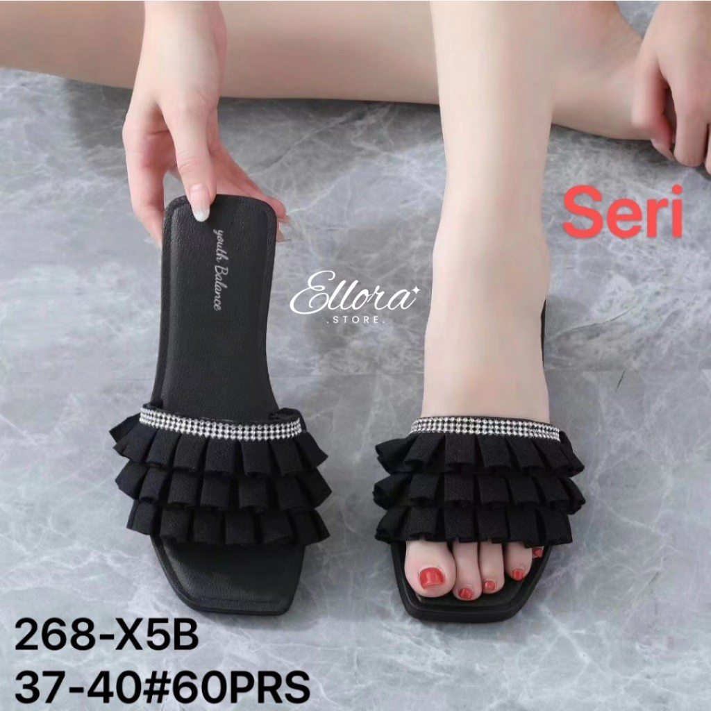 Sandal Flat Teplek Ruffle Hitam – Wanita Elegan 268-x5b