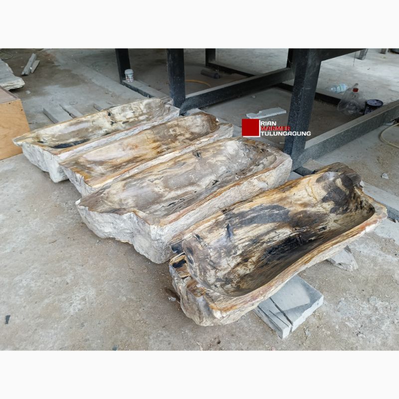 Wastafel Panjang Cuci Tangan bahan batu fosil kayu finishing natural