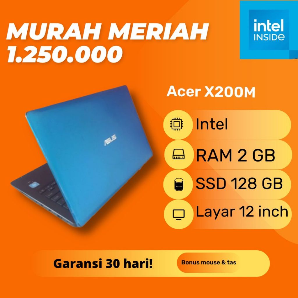 Notebook Asus X200M Warna Biru Blue Intel Celeron N2840 RAM 2GB SSD 128GB Windows 10 Layar 11.6 inch