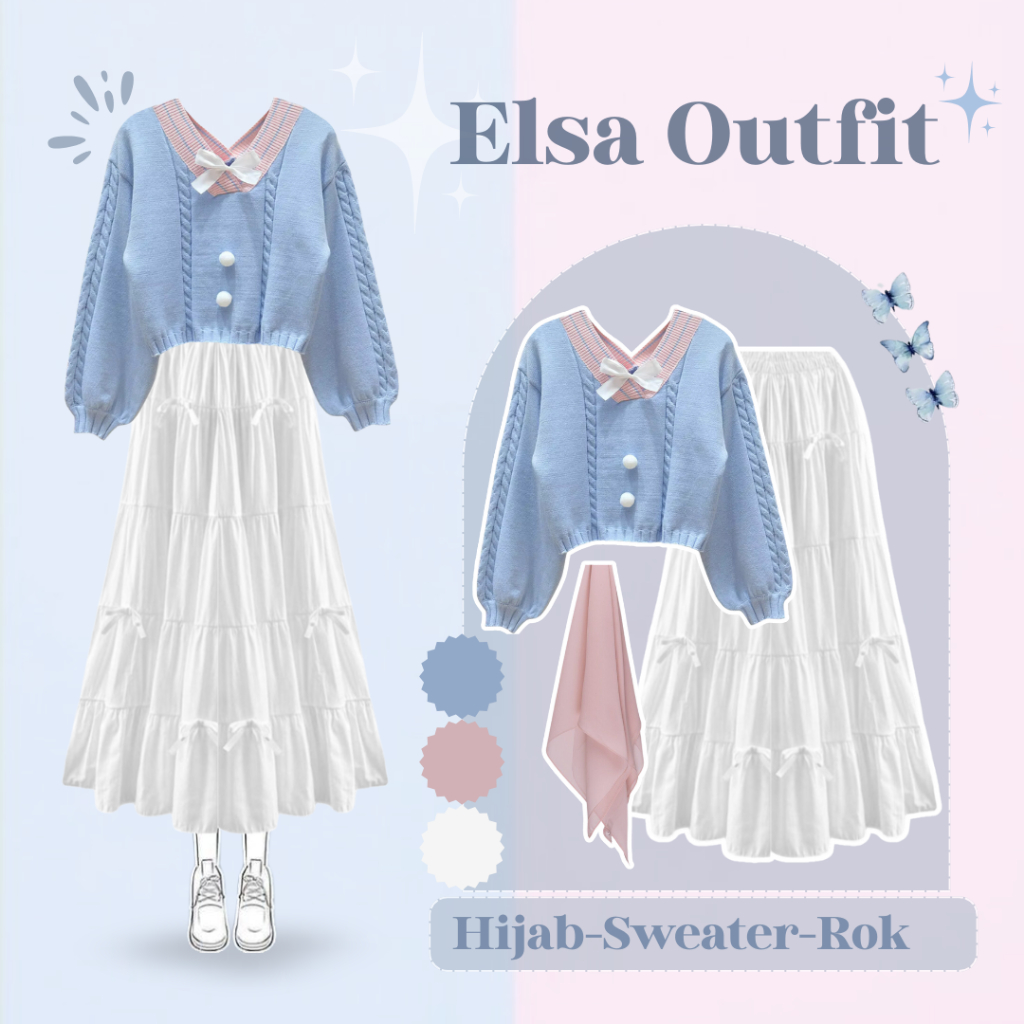 One Set Wanita Kekinian (Sweater Rajut Biru Pita | Rok Pita Katun Putih | Hijab Dusty Pink) QNL001