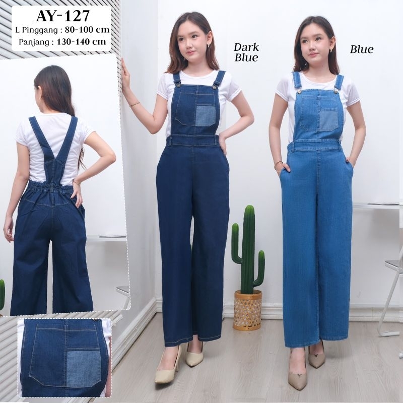 Jumpsuit Jeans Strech Wanita Panjang Kantong Besar Kombinasi Free inner Putih AY-127