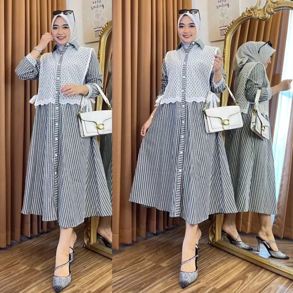 MIDI DRESS AVISKA SALUR KOMBINASI BRUKAT KEKINIAN / MIDI DRESS SALUR PREMIUM / ATASAN TUNIK JUMBO