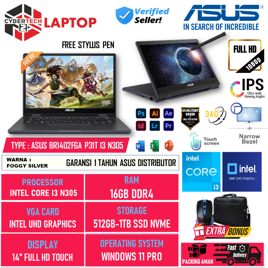 Laptop Flip Asus BR1402FGA P31T 2in1 Intel Core i3 N305 16GB 1TB 14 Inch FHD Stylus Pen Win 11 Home