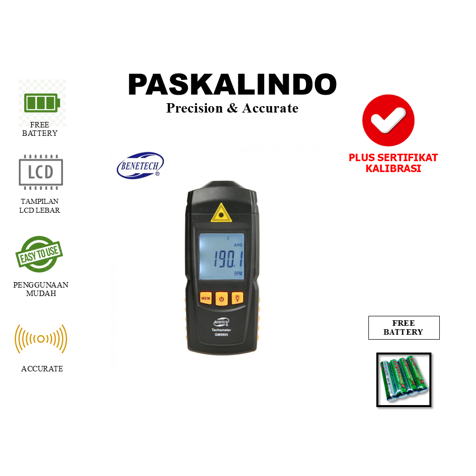 Tachometer Benetech GM8905 Ukur Putaran Laser RPM Meter Digital Tester Plus Sertifikat Kalibrasi KAN
