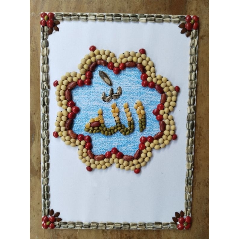 kolase biji bijian tulisan ALLAH pinggir biji prakarya