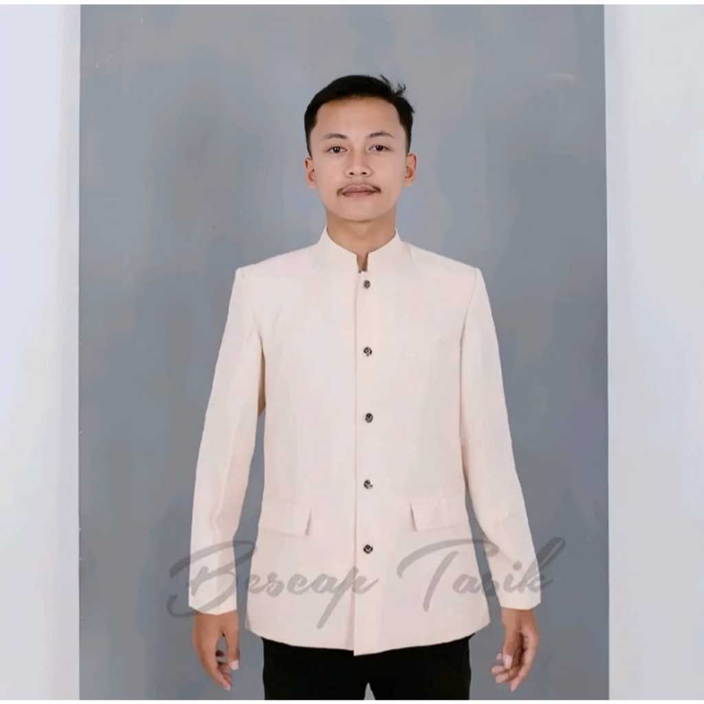 Jasko Terbaru Cream Polos Model Saku Tutup Jas Atasan Muslim Pria Jas Koko Bescap Tasik Jas Koko Pol