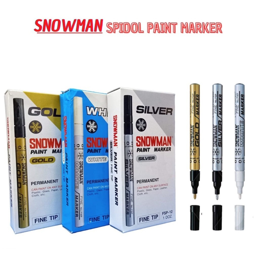 

SPIDOL SNOWMAN PAINT MARKER PERMANENT WHITE GOLD SILVER 1 LUSIN / 12 PCS