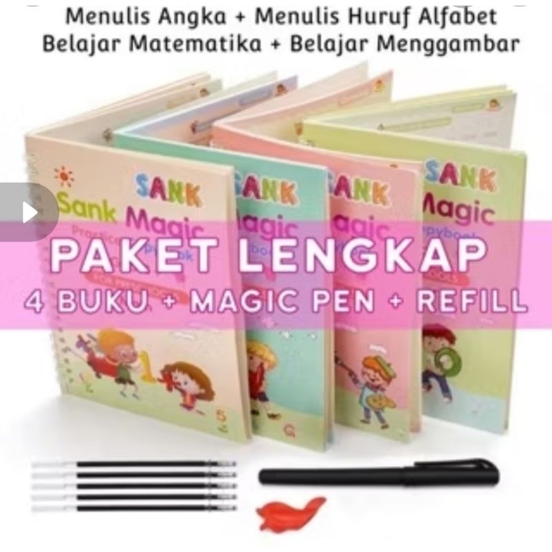 

Sank Magic Book / Magic Practice Book 1 Set Isi 4 Buku + Pen + Refill / Set Buku Latihan Belajar Menulis PAUD Preschool TK Huruf Angkal
