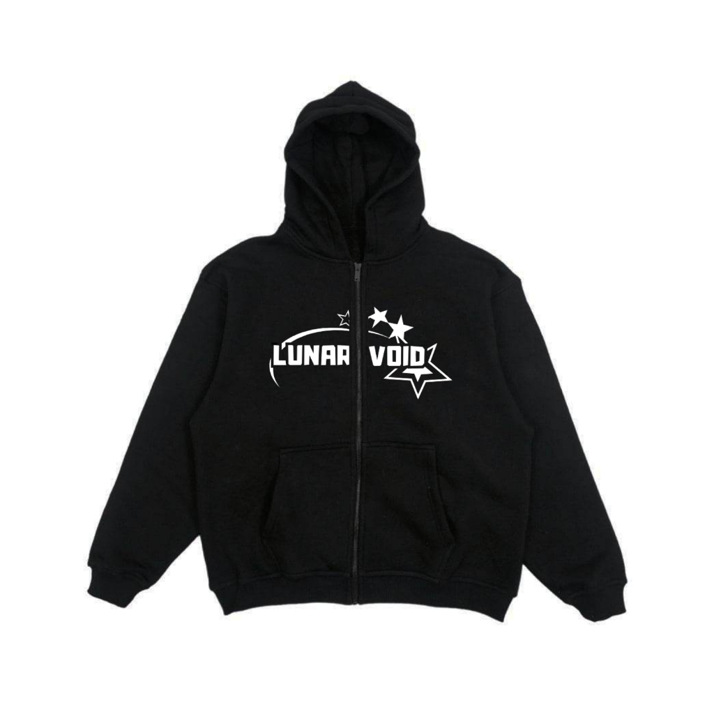 Hoodie Boxy Zipper Star Impact Black Unisex LunarVoid | Jaket Hitam Pria Wanita