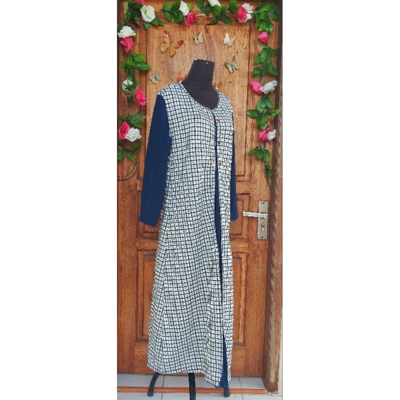 gamis longdress remaja anak tanggung sd smp sma navy kotak kotak ld 90 cm