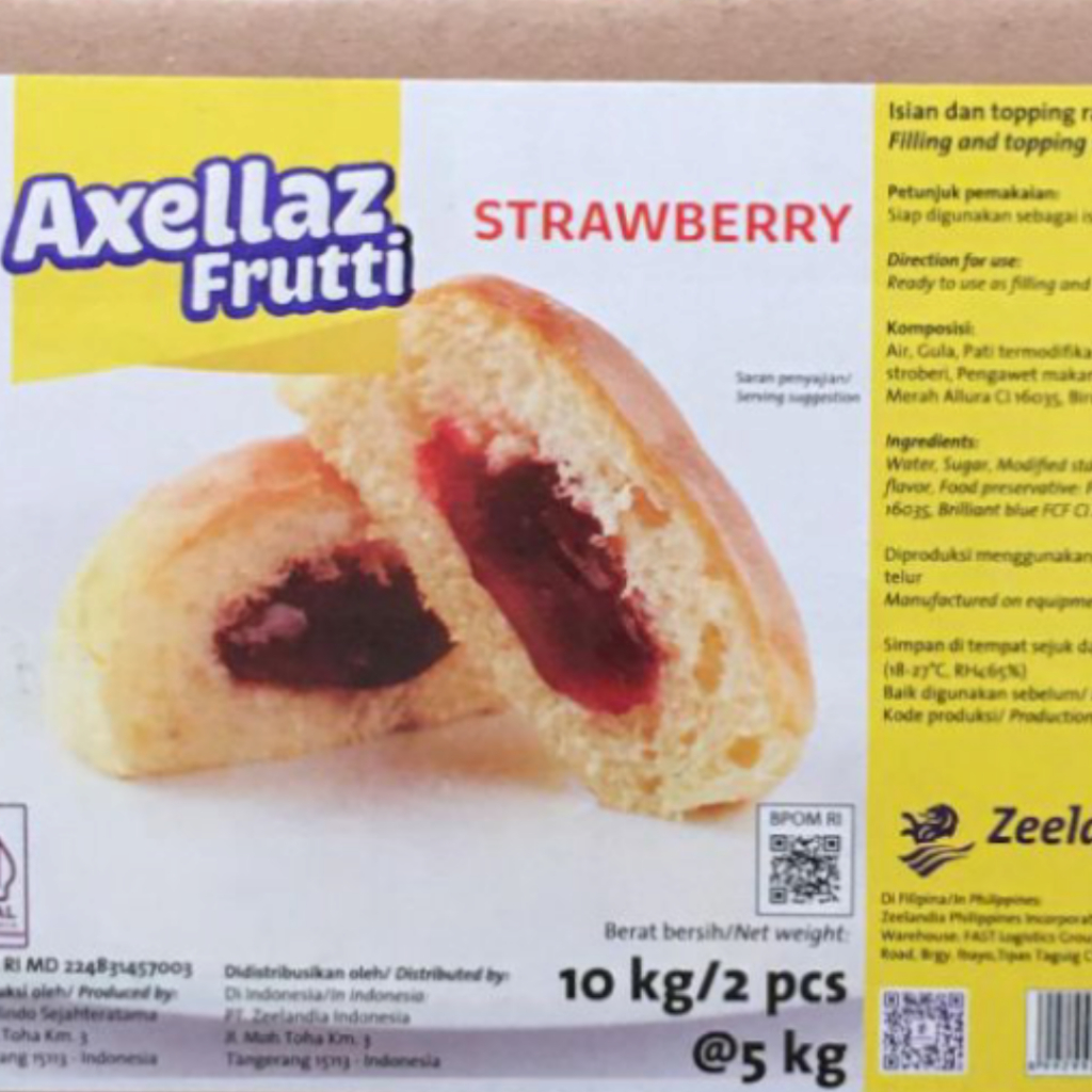 

Zeelandia Axellaz Frutti Strawberry 10 kg / Selai Stroberi / Olesan dan Isian Roti Strawberry 10 kg (1 dus = 2x5kg)