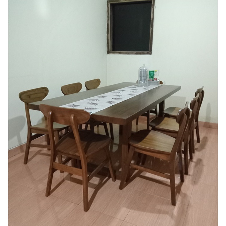 KURSI SET MEJA MAKAN KAYU JATI 8 KURSI PLUS MEJA DAN KACA KURSI MAKAN MINIMALIS