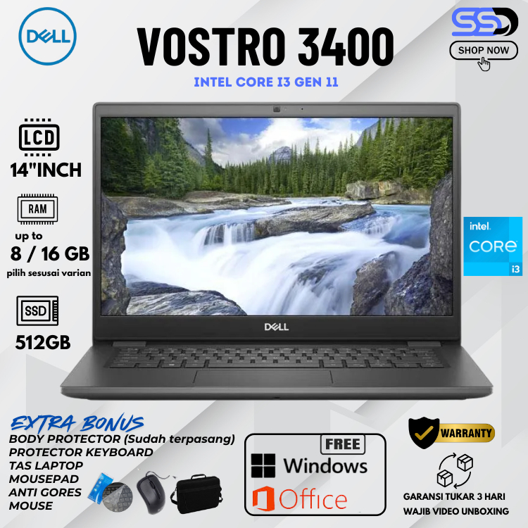 DELL VOSTRO 3400 intel Core i3-1115G4 RAM 16GB-SSD 512GB 14" FHD W 11 free MOUSE DAN TAS LAPTOP