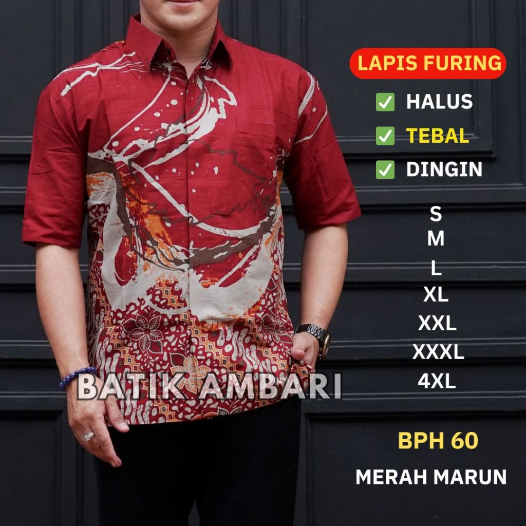 Batik Lapis Furing Kemeja Batik Pria Lengan Pendek Standar dan Jumbo Burgundy Batik Ambari BPH 60