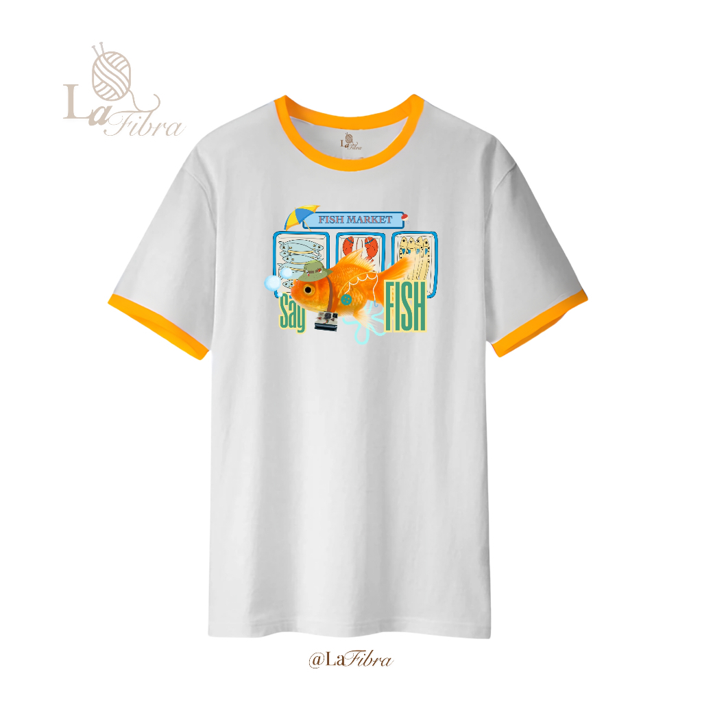 T-Shirt Kaos Ringer Tee Vintage Motif Ikan Koki "Say Fish" - Kaos Lengan Pendek Pria dan Wanita - Un