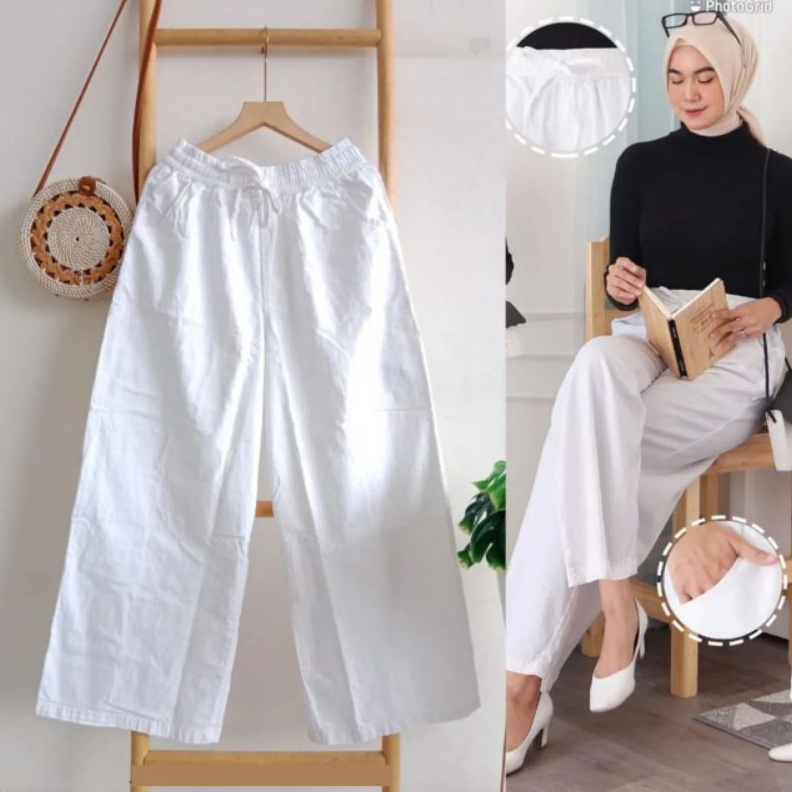KODE N54K KULOT JEANS PUTIH PINGGANG FULL KARET  KULOT WARNA HITAM PUTIH CREAM COKLAT KULOT MOZZA PI