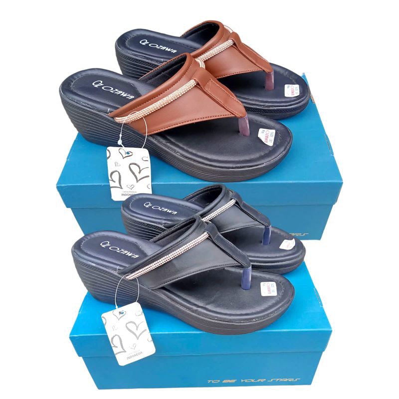 Sandal wanita Ozawa wedges fashion pesta model kekinian tali jepit kokop glitter kekinian