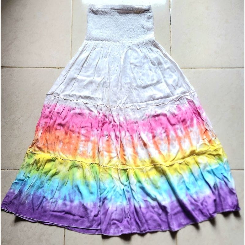 [Preloved] DRESS BALI KEMBEN PUTIH WANITA | Midi Tie Dye Dress Pantai | Rainbow | Colorful