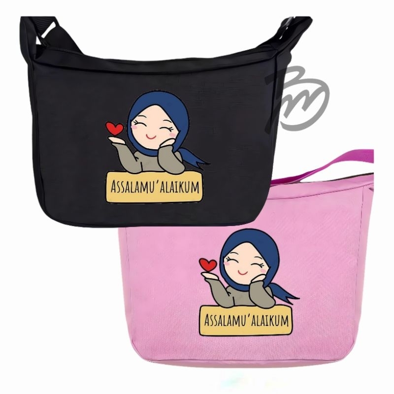 tas selempang anak sekolah TK SD SMP SMA tas selempang pria/wanita motif assalamualaikum 2 premium e