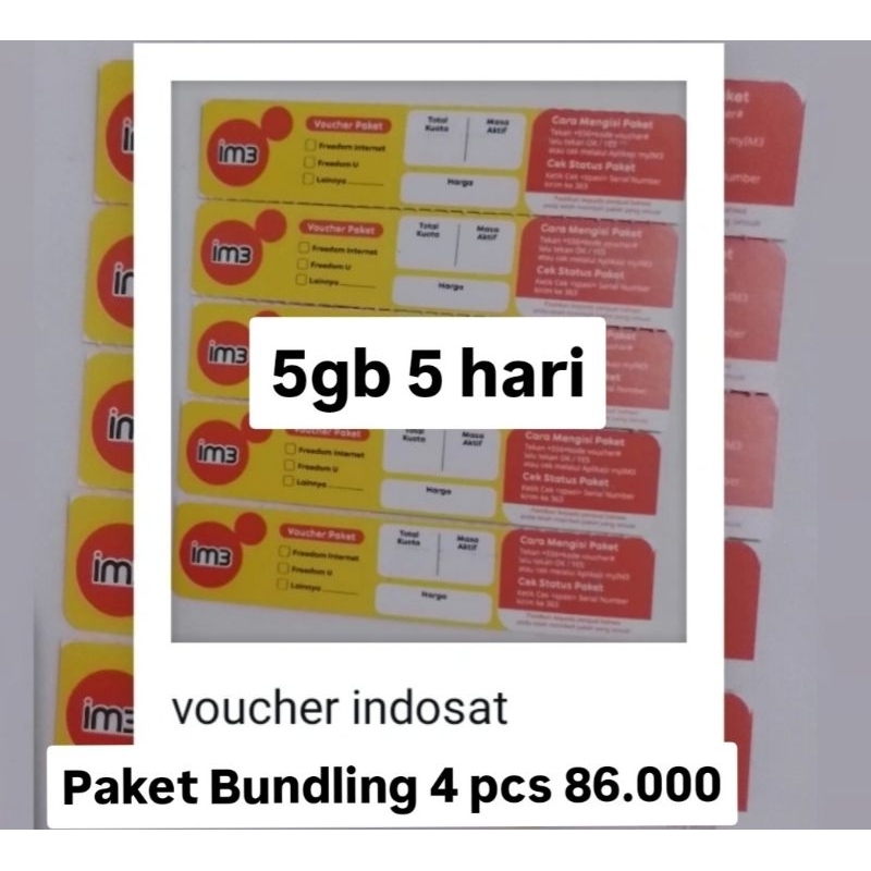 Voucher Indosat 5 gb 5 hari bundling 4 pcs 86.000