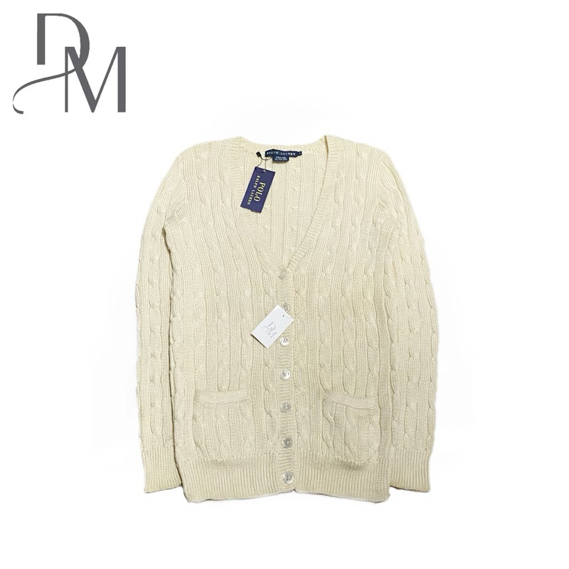 Authentic/Original Ralph Lauren Cable Knit V-Neck Cardigan in Beige/Cream with Italian Yarn - Rajut 