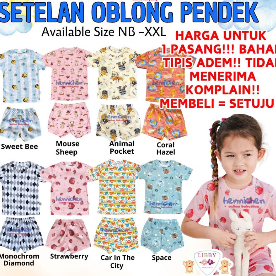 Setelan Oblong Pendek LIBBY Tipis Cotton S M L BASKING IN THE SUN  HAPPY FARM  Fun Land  Sweet Land 
