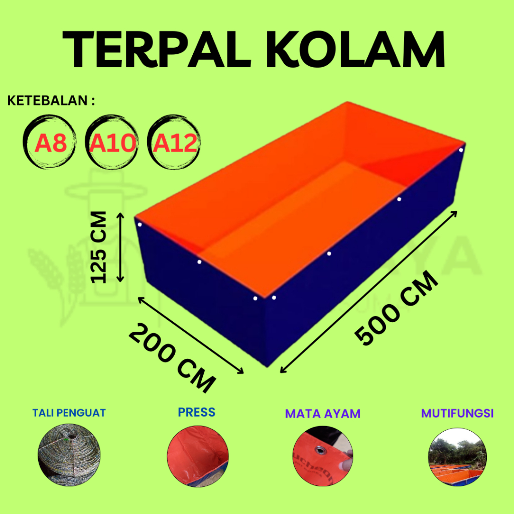 Terpal Kolam Terpal Ikan Kotak 500x200x125 CM - A8 A10 A12 - 200x500x125 CM - 5x2x1,25 M Untuk Budid