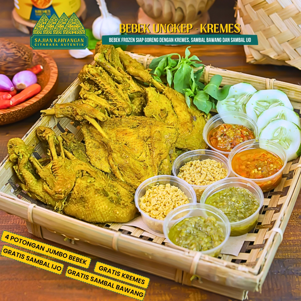 

Bebek Ungkep Kremes - Sajian Kahyangan : Bebek Frozen dengan Kremes, Sambal Bawang dan Sambal Ijo