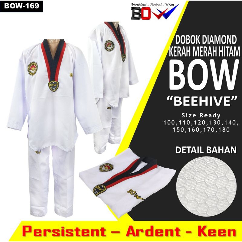 DOBOK BAJU SERGAM PEMULA TAEKWONDO KERAH MERAH HITAM BEEHIVE BOW
