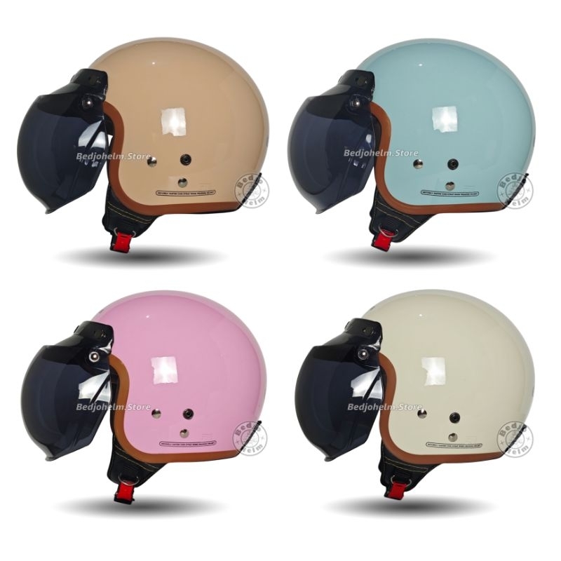Helm Bogo Retro Dewasa List Coklat Kaca Cembung Full Leher SNI