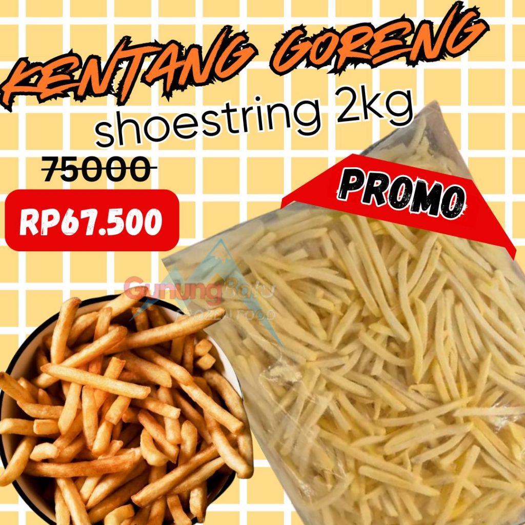 

KENTANG SHOESTRING BELGIA IMPORT 250GR/ 500GR/ 1KG/ 2KG / 2,5KG / 3KG PROMO!!!