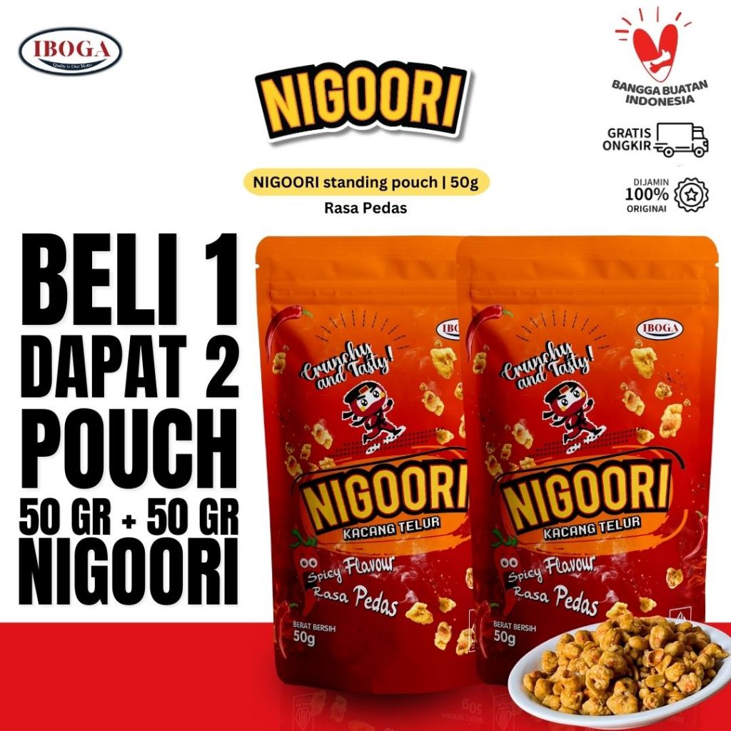 

[BELI 1 GRATIS 1] Snack Camilan kacang Telur Gurih Telor Murah Pouch 50g NIGOORI Rasa Pedas Gurih