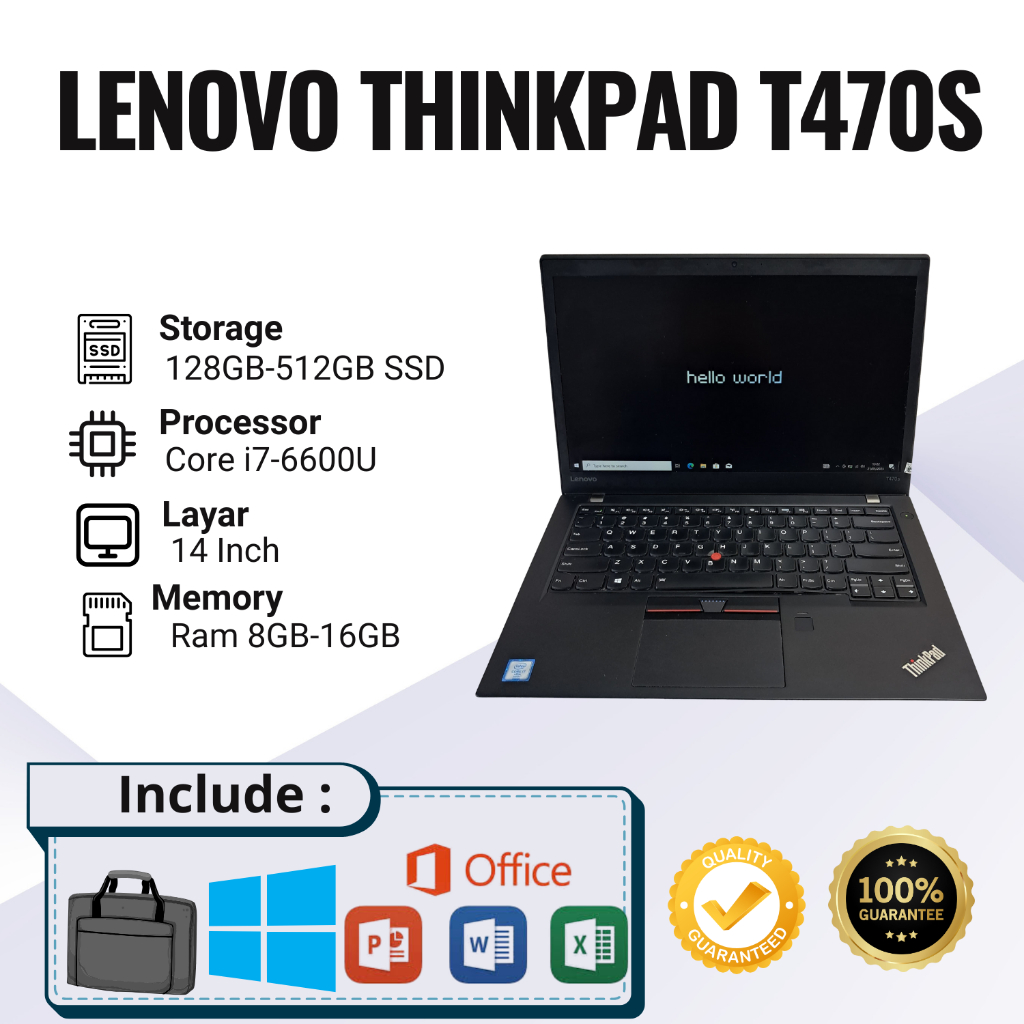 Laptop 2nd Termurah Lenovo Thinkpad T470S Core i7 Gen 6 Ram 8GB-16GB SSD 128GB-512GB Second Bergaran