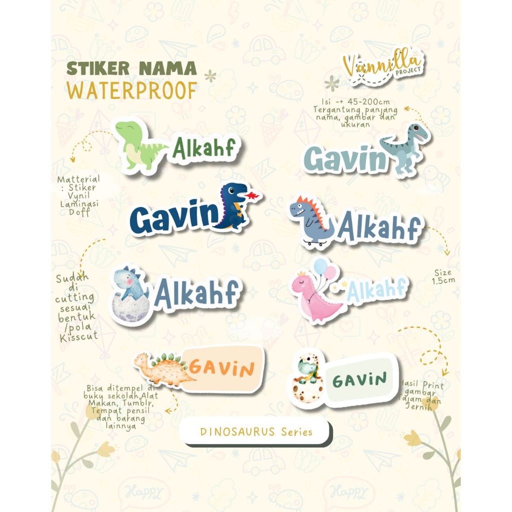 

Stiker Nama Dinosaurus Label nama Waterproof tahan air kiss cut