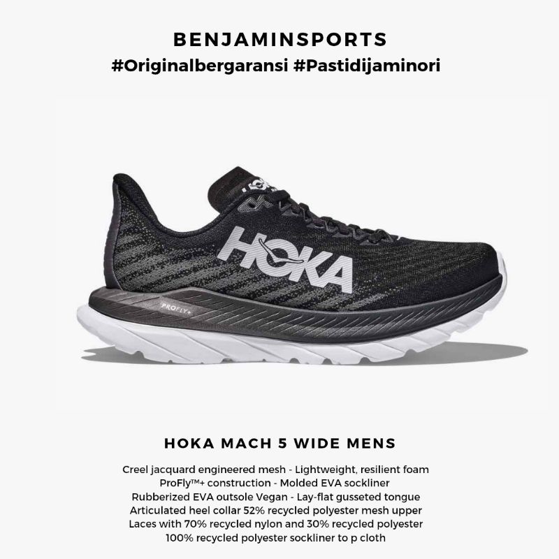 Sepatu lari pria Hoka Mach 5 wide - Black white size 46