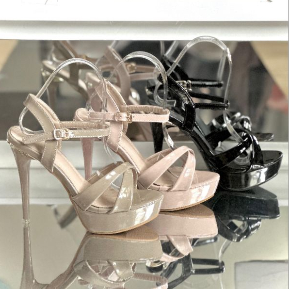 K1758 Sepatu wanita import high heels 13cm strappy shoes hitam Khaki putih SEPATU HAK PENDEK HEELS T