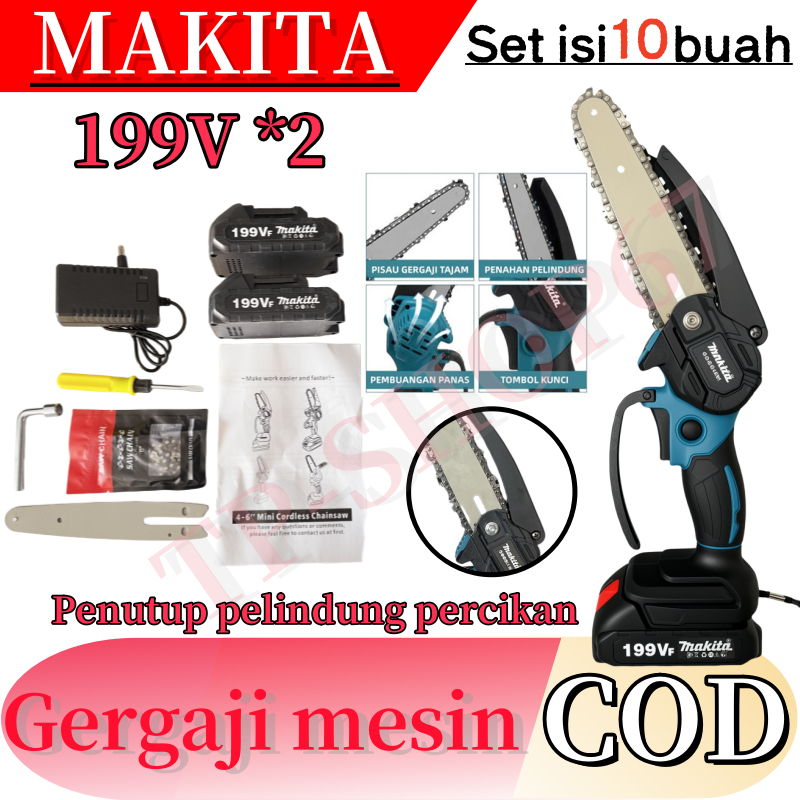 MAKITA Chainsaw mini 6 /8 Inch Chainsaw Chain Saw Cordless 2 baterai  Mesin Lithium Gergaji Rantai E