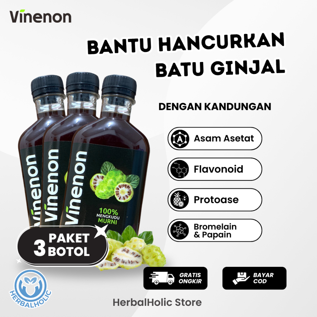 

Paket 3 Botol Vinenon - Ampuh Atasi Batu Ginjal - Cuka Mengkudu Murni 100% Alami - Halal BPOM