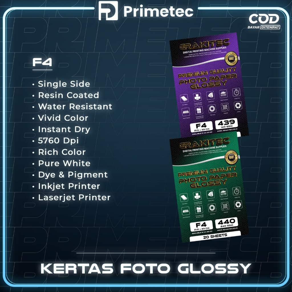 

RB Kertas Foto Folio F4 Premium Photo Paper Glossy Folio 140 Gsm / 240 Gsm Grakitec