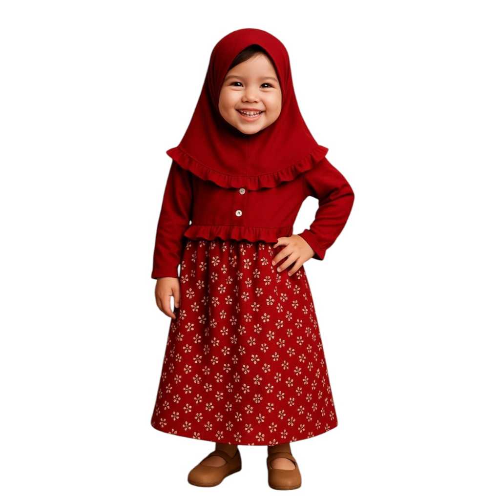Gamis Hijab Bayi Az-Zahra Spandek Kancing Motif Bunga New Born Baru Lahir 0-2 Tahun Maroon
