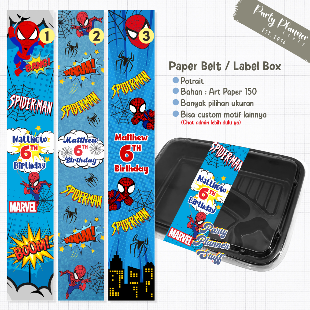

Paper sleeve ulang tahun tema spiderman / label box bento ulang tahun anak / label bento tema super hero marvel / custom paper sleeve tema superhero spiderman / paper belt label box bento spiderman
