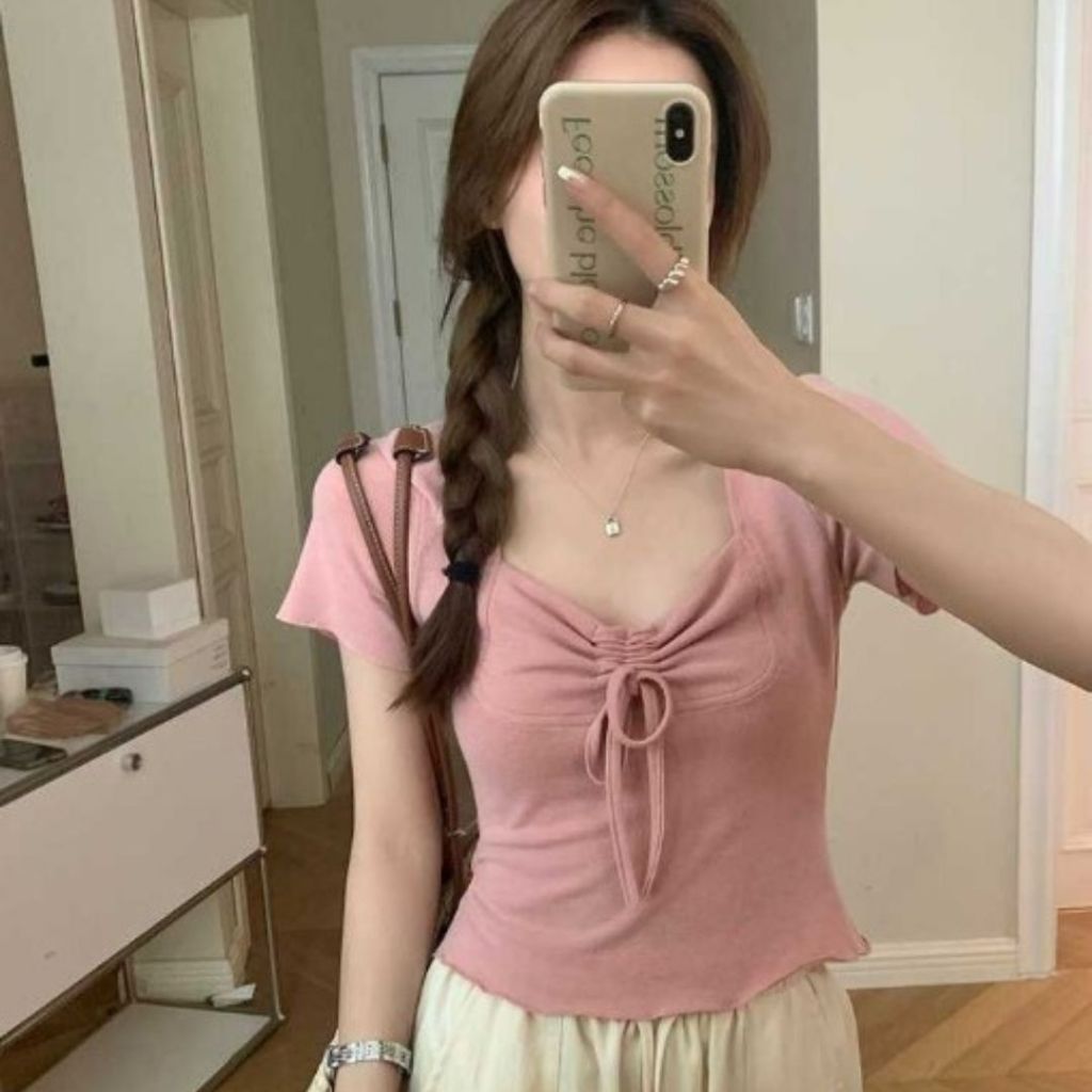 Atasan Crop Serut Wanita Korea Fashion 908