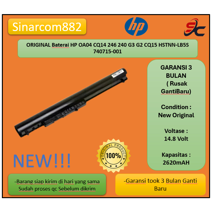 Original Baterai Laptop HP TPN-F115 TPN-C113 TPN-C114 OA04
